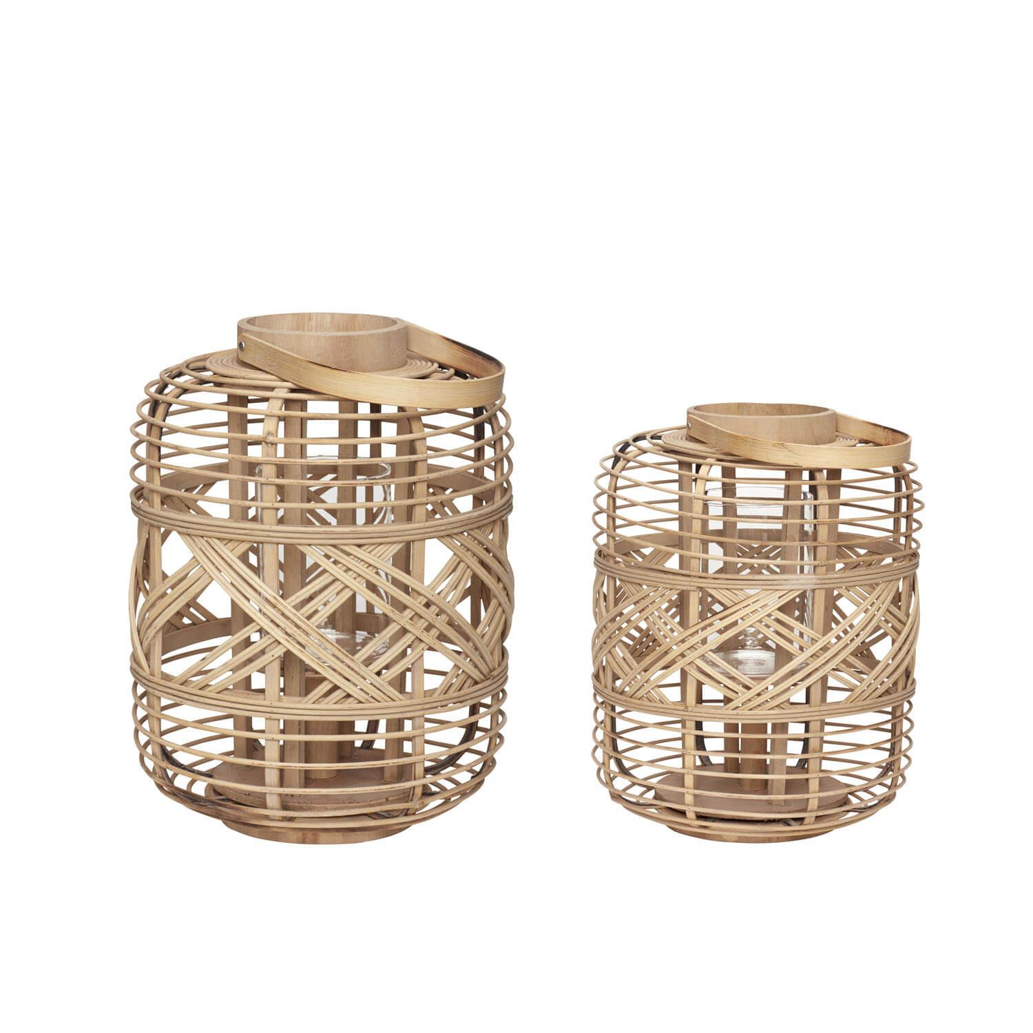 Køb HÜBSCH lanterne – flettet bambus og glas, rund, sæt m. 2