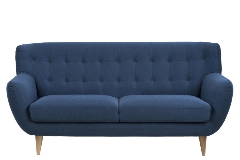 Oswald mørkeblå 3 personers sofa. ben i natur træ. knapper