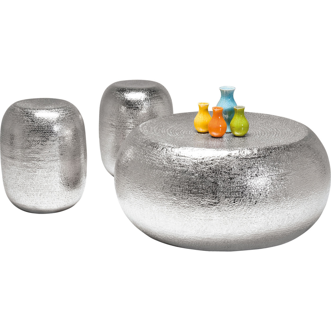 Kare Design Antico Silver Sofabord + Skamler - Sølv Aluminium, Rundt (3/Sæt)