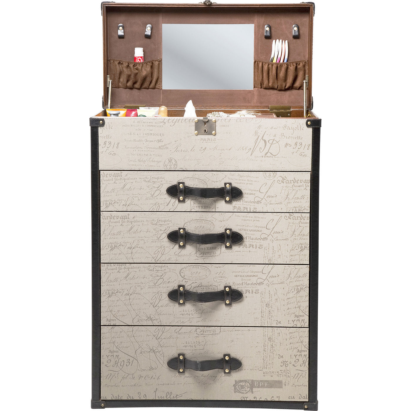 Kare Design Vintage Makeup Kommode - Lyst Træ/Sort Læder, M. 4 Skuffer Og Rum Øverst Soveværelse