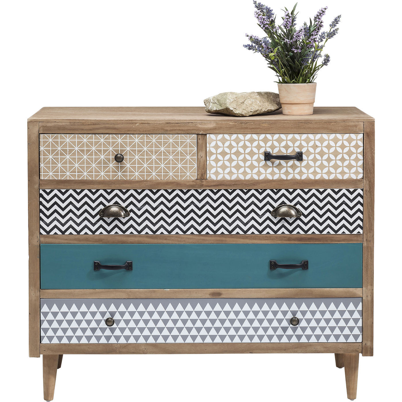 Kare Design Capri Kommode - Massivt Fyrretræ, M. 5 Multifarvede Skuffer