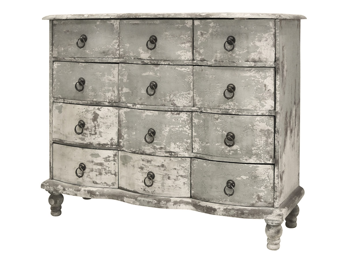 Chic Antique Kommode - Gråt/Opal Patineret Træ, M. 12 Skuffer