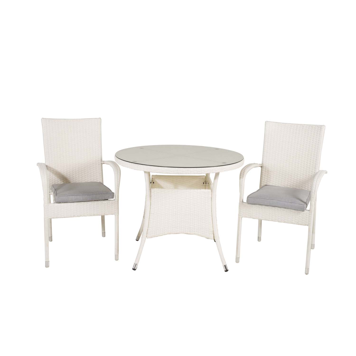 Venture Design Havesæt M. Volta Bord (Ø 90) Og 2 Anna Stole M. Armlæn - Hvid Rattan Og Glas Havemøbler