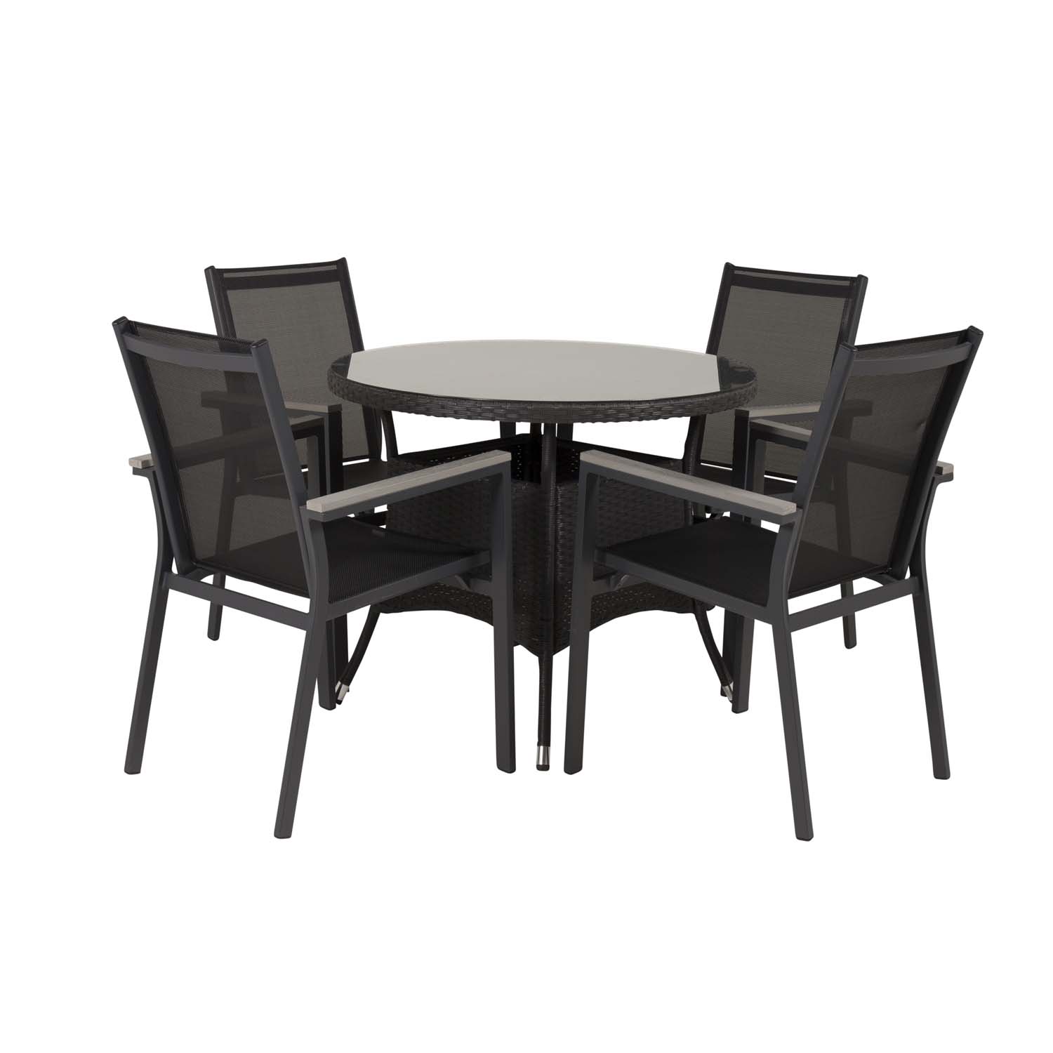 Venture Design Havesæt M. Volta Bord (Ø 90) Og 4 Parma Stole M. Armlæn - Sort Alu/Rattan/Textilene Havemøbler