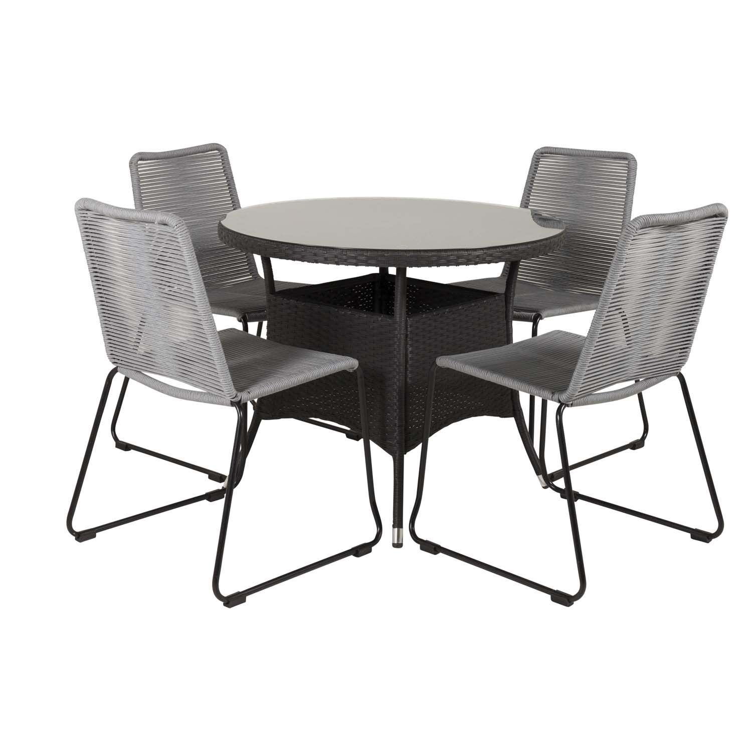 Venture Design Venture Design Havesæt M. Volta Bord (Ø90) Og 4 Lindos Stole - Sort Rattan/Alu, Gråtreb Og Glas Havemøbler