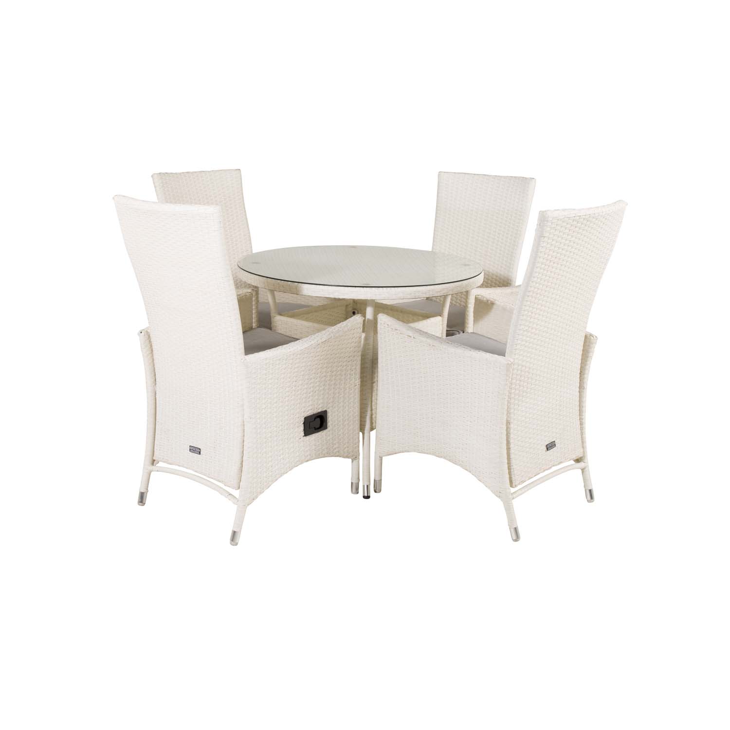 Venture Design Havesæt M. Volta Bord (Ø 90) Og 4 Padova Stole M. Recliner + Hynde - Hvid Rattan/Glas