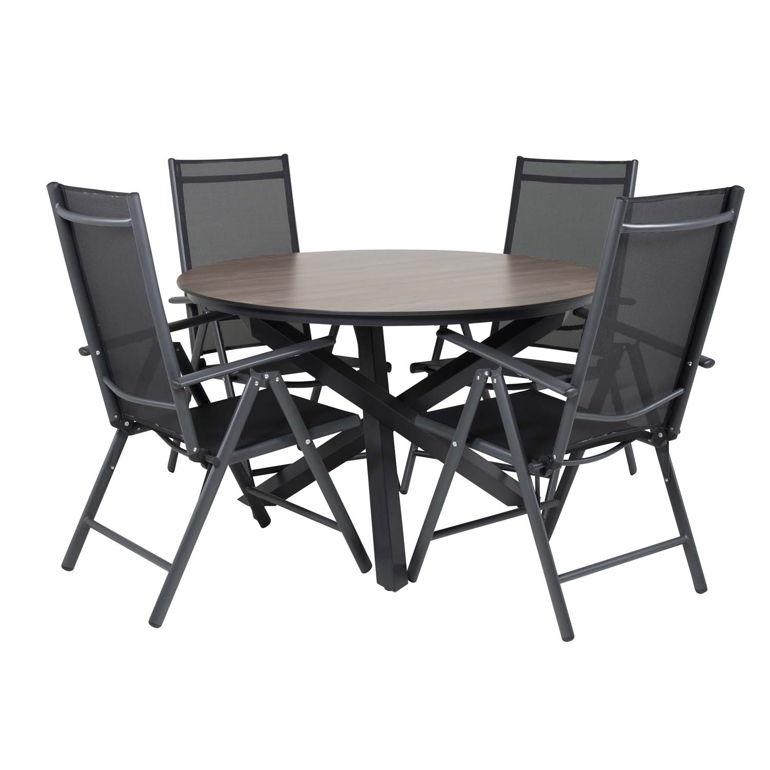 Venture Design Havesæt M. Llama Bord (Ø140) Og 4 Break Stole M. Recliner - Sort Alu/Brunt Laminat Havemøbler