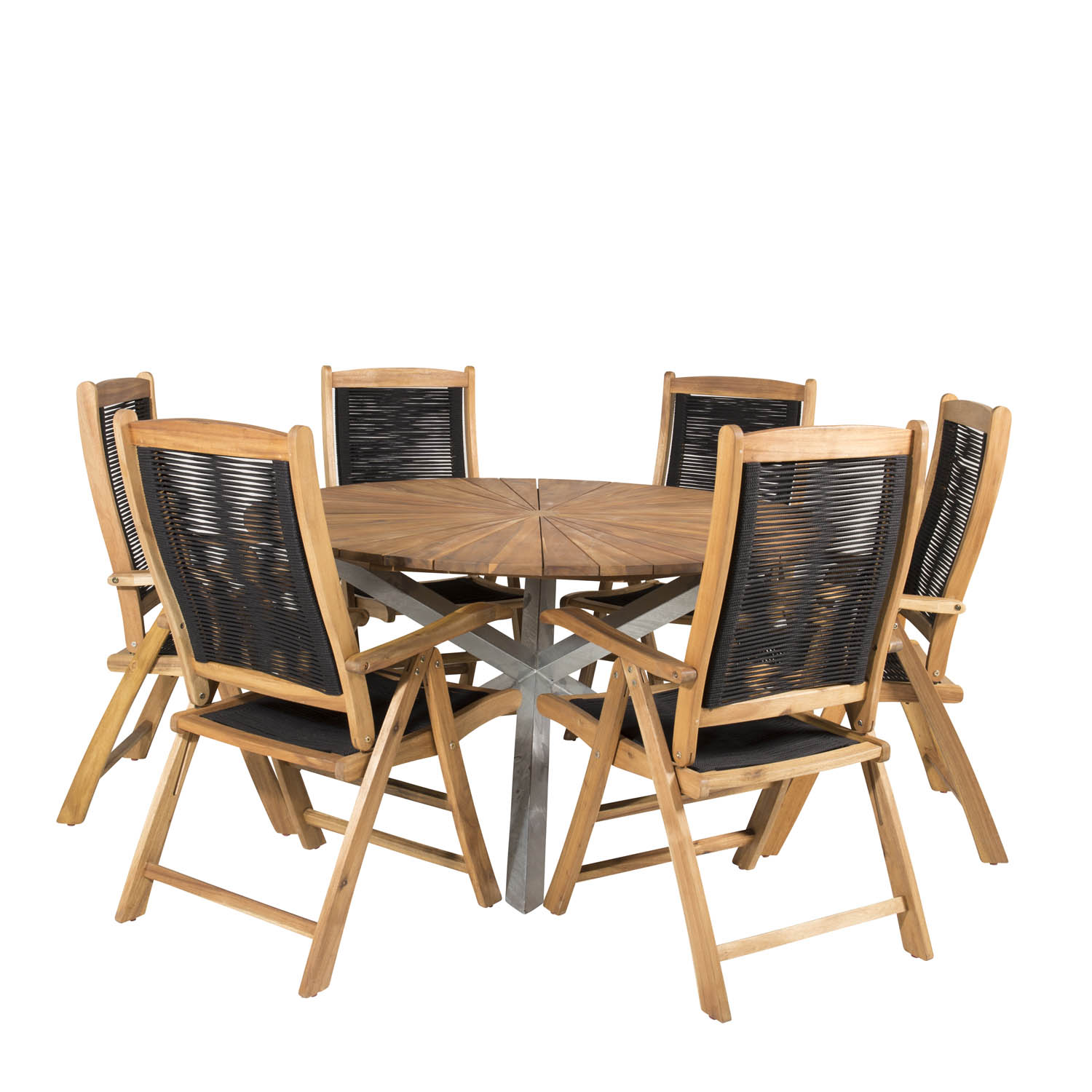 Venture Design Havesæt M. Zenia Bord (Ø140) Og 6 Peter Stole M. Recliner - Akacietræ Og Sort Reb Havemøbler