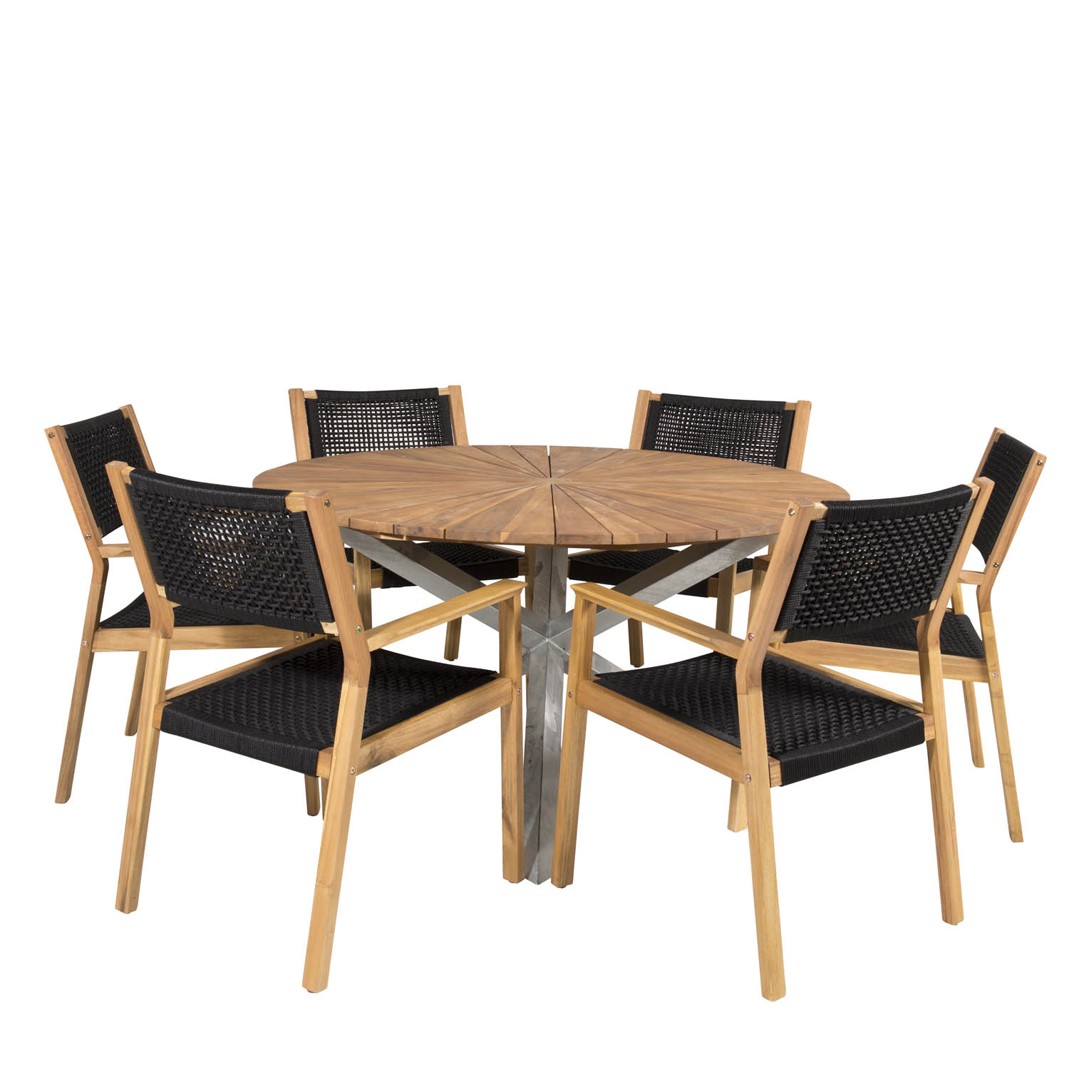 Venture Design Havesæt M. Zenia Bord (Ø140) Og 6 Little John Stole M. Armlæn - Akacietræ Og Sort Reb