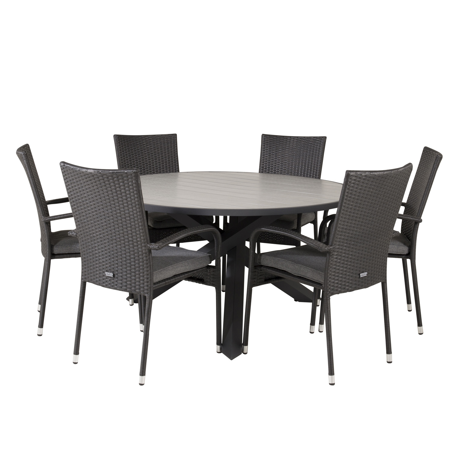 Venture Design Havesæt M. Parma Bord (Ø140) Og 6 Anna Stole M. Armlæn - Sort Rattan/Alu/Grå Aintwood