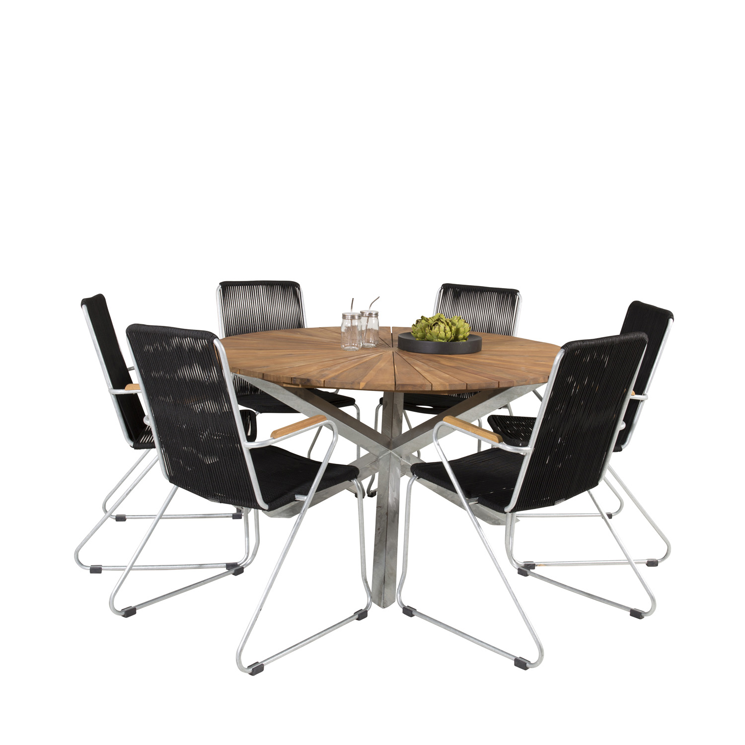 Venture Design Venture Design Havesæt M. Zenia Bord (Ø140) Og 6 Bois Stole M. Armlæn - Akacietræ/Zink/Sort Reb Havemøbler
