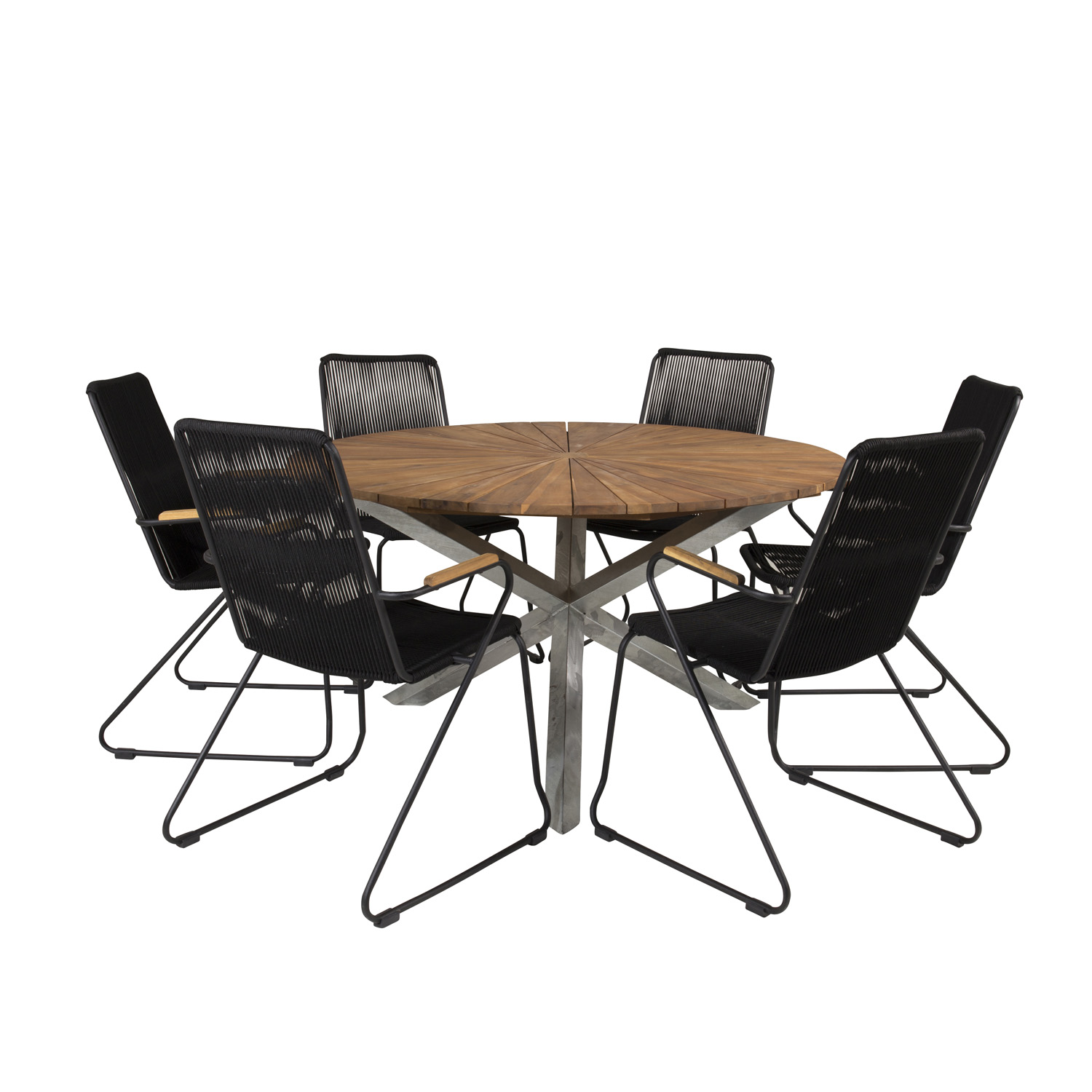 Venture Design Havesæt M. Zenia Bord (Ø140) Og 6 Bois Stole M. Armlæn - Akacietræ/Sort Alu/Sort Reb Terrasse & Have