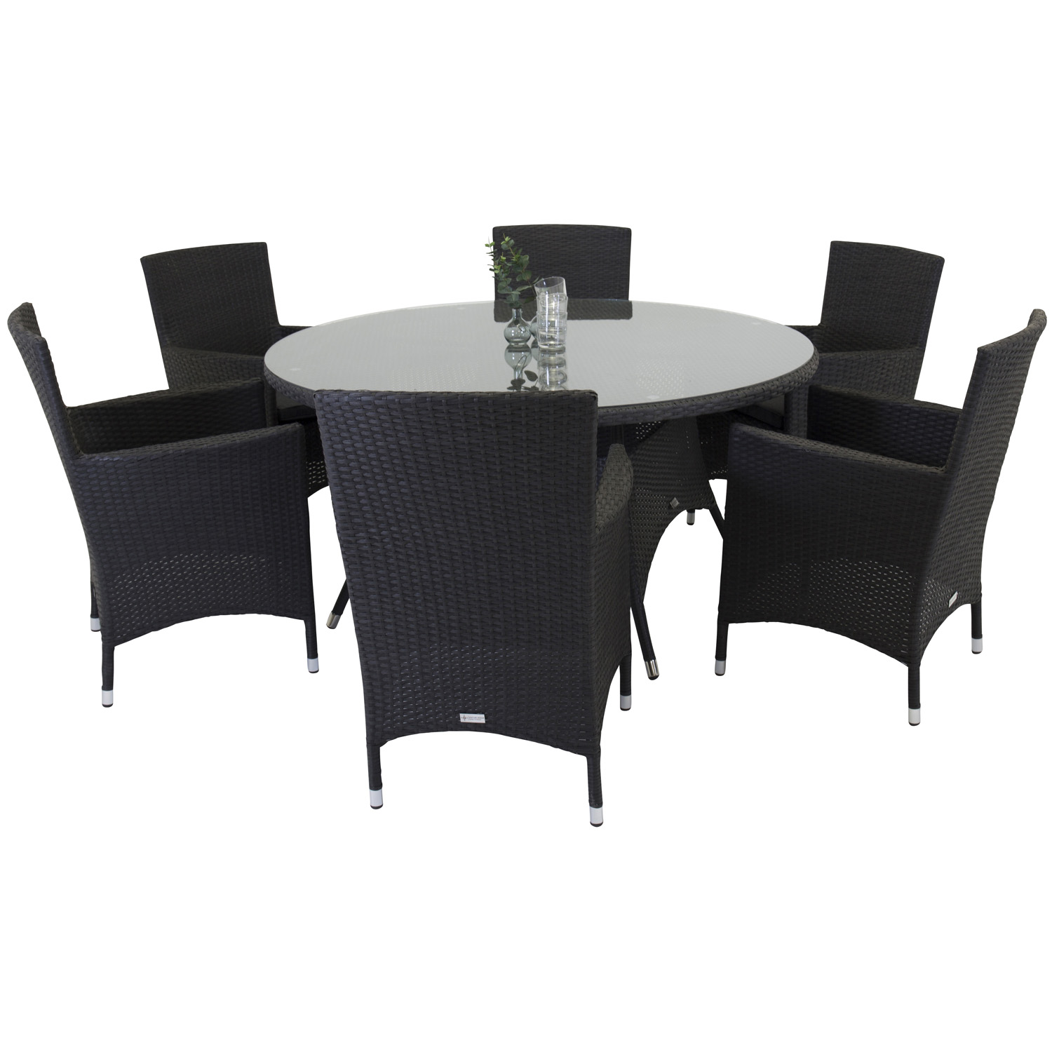 Venture Design Havesæt M. Volta Bord (Ø150) Og 6 Malin Stole M. Armlæn Og Hynde - Sort Rattan/Glas Havemøbler