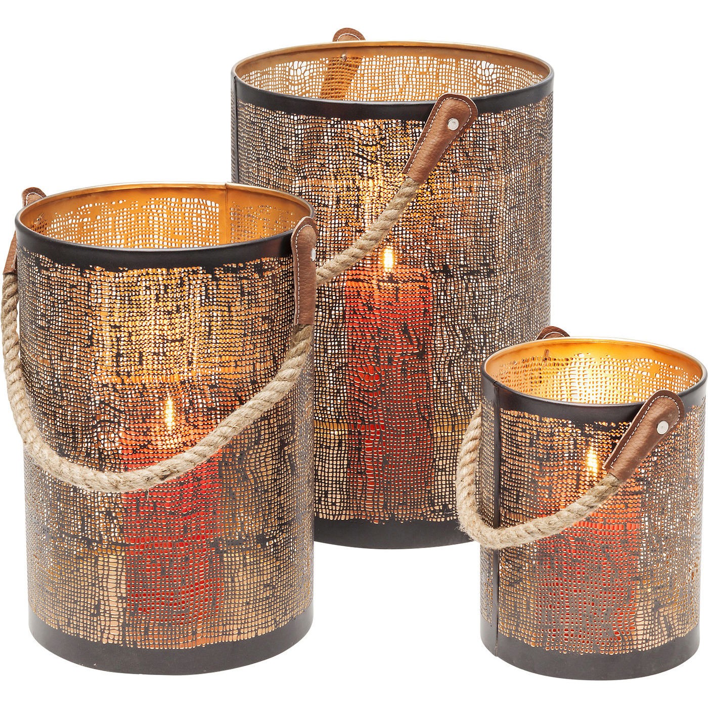 Kare Design Mesh Rope Lanterne - Gråt Stål, M. Håndtag Af Jute (Sæt M. 3) Boligtilbehør