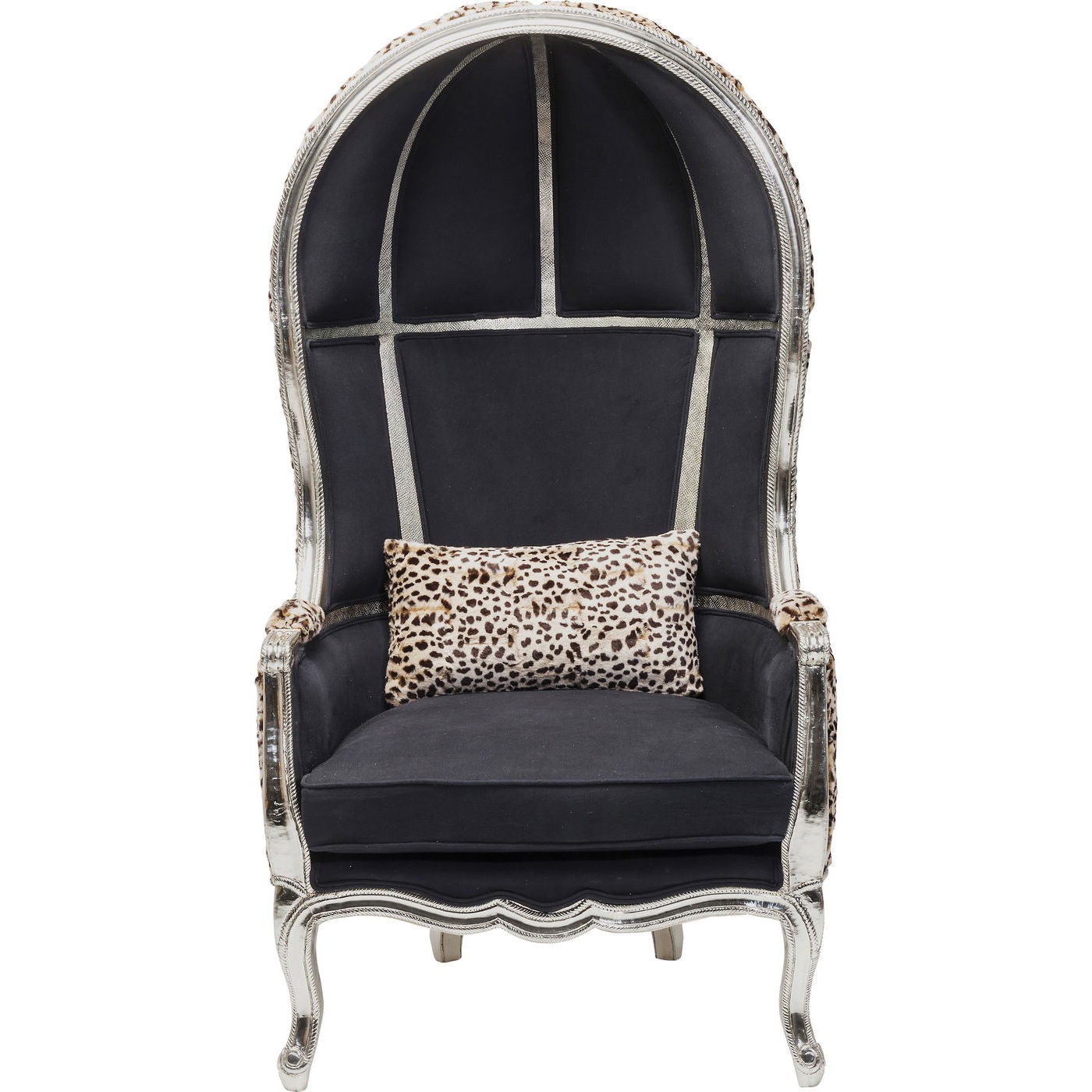 KARE DESIGN Roof Leo lænestol - sort bomuld, sølv mangotræ og leopardprint, m. armlæn Billede af KARE DESIGN Roof Leo lænestol - sort bomuld, sølv mangotræ og leopardprint, m. armlæn