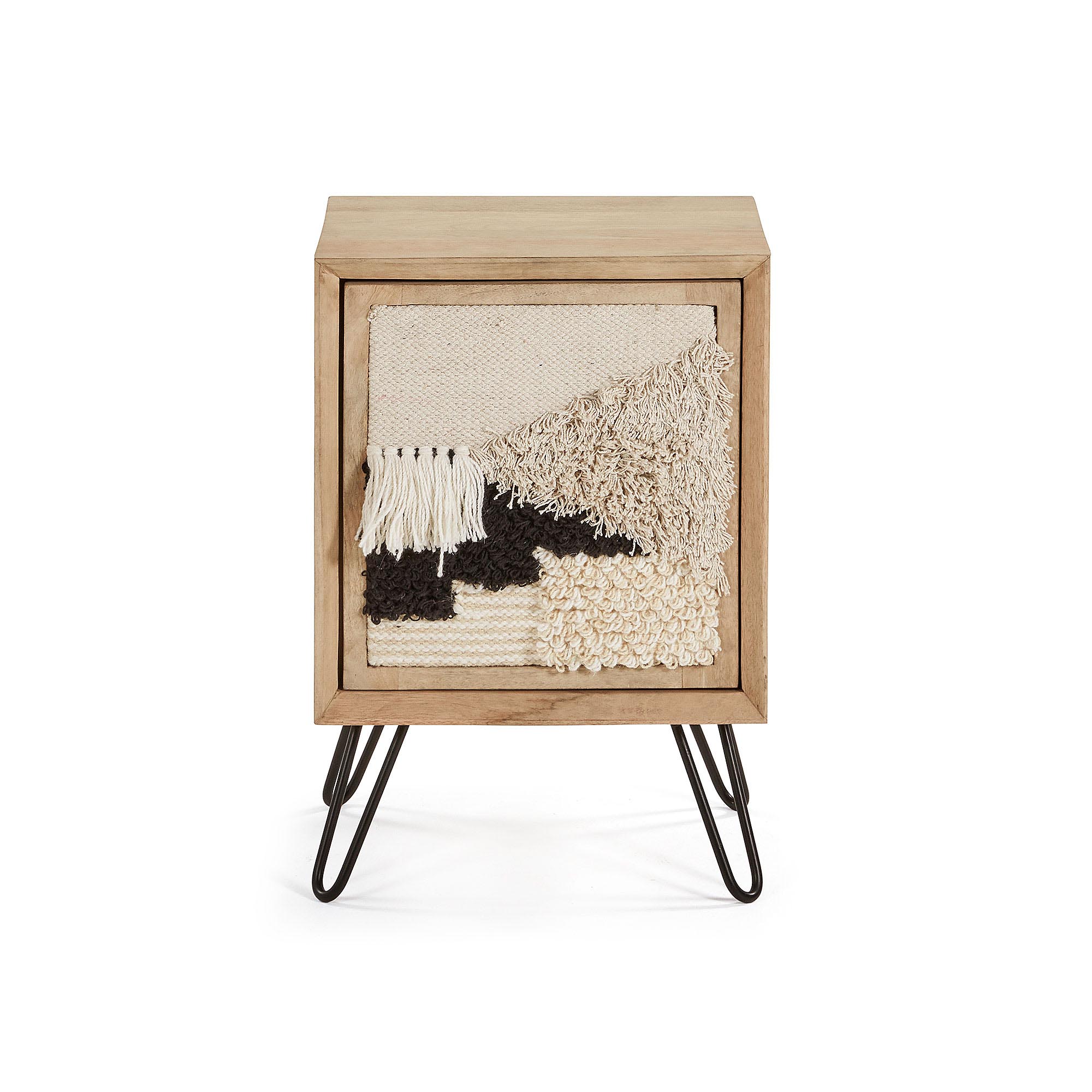 LAFORMA Kenelly natbord m. 1 låge - natur mangotræ, beige og sort stof og metal Billede af LAFORMA Kenelly natbord m. 1 låge - natur mangotræ, beige og sort stof og metal