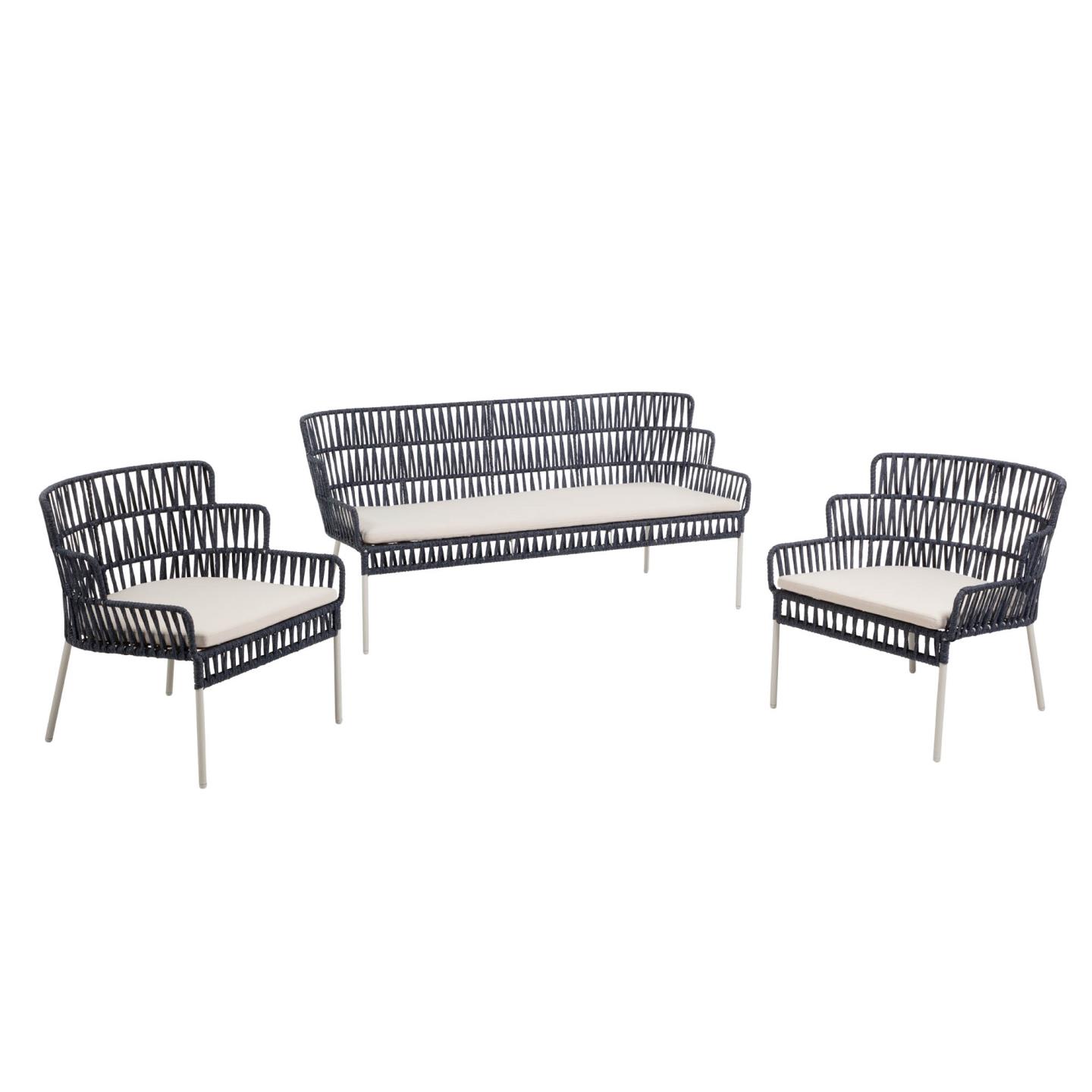Laforma Robyn Sofa Og 2 Lænestole, M. Stofhynder - Blå Og Stål Havemøbler