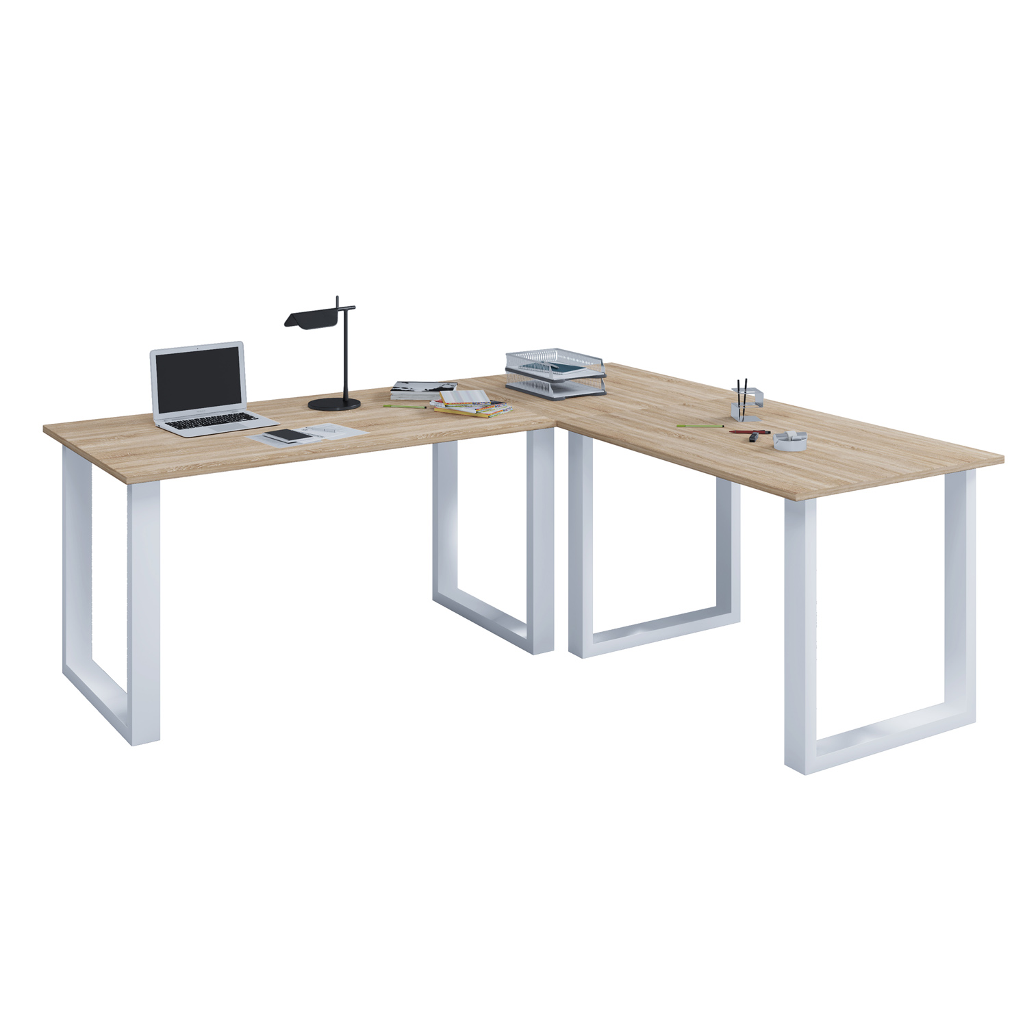 Vcm Nordic Lona U-Feet Hjørneskrivebord - Natur Træ Og Hvid Metal (160X130X50) Kontor