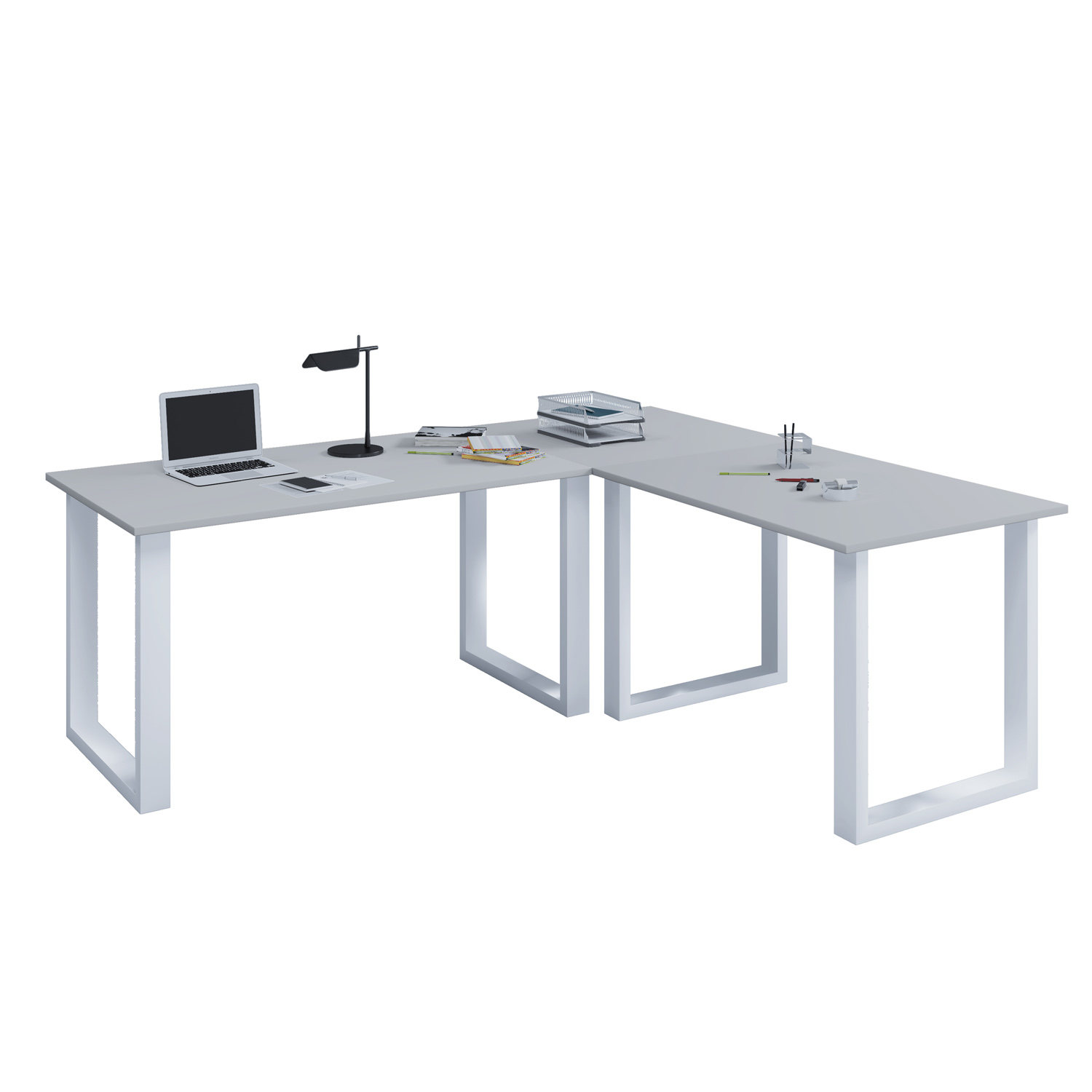 Lona U-Feet Hjørneskrivebord - Grå Træ Og Hvid Metal (190X130X50) Kontor