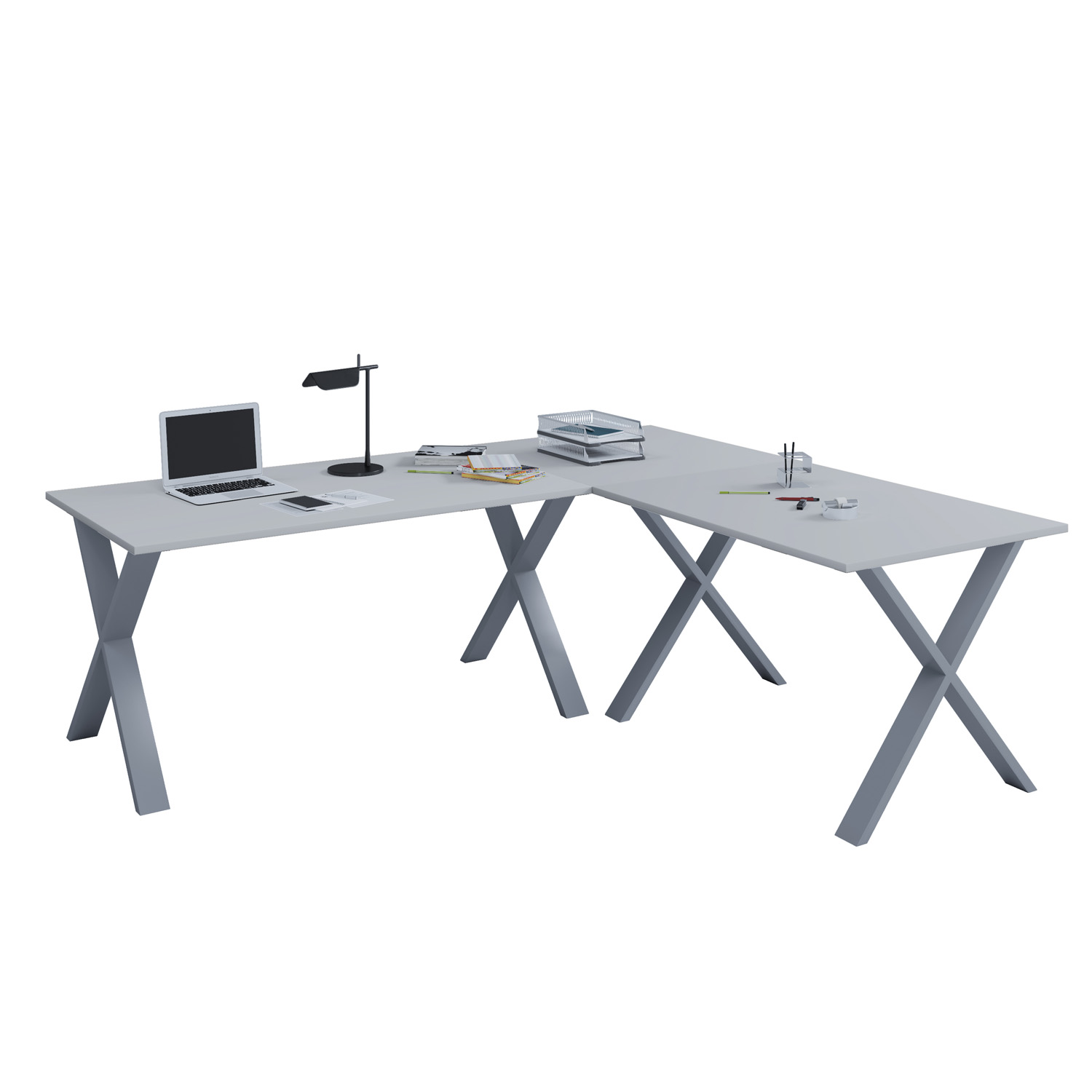 Boboonline Lona X-Feet Hjørneskrivebord - Grå Træ Og Sølvgrå Metal (190X160X80) Kontor