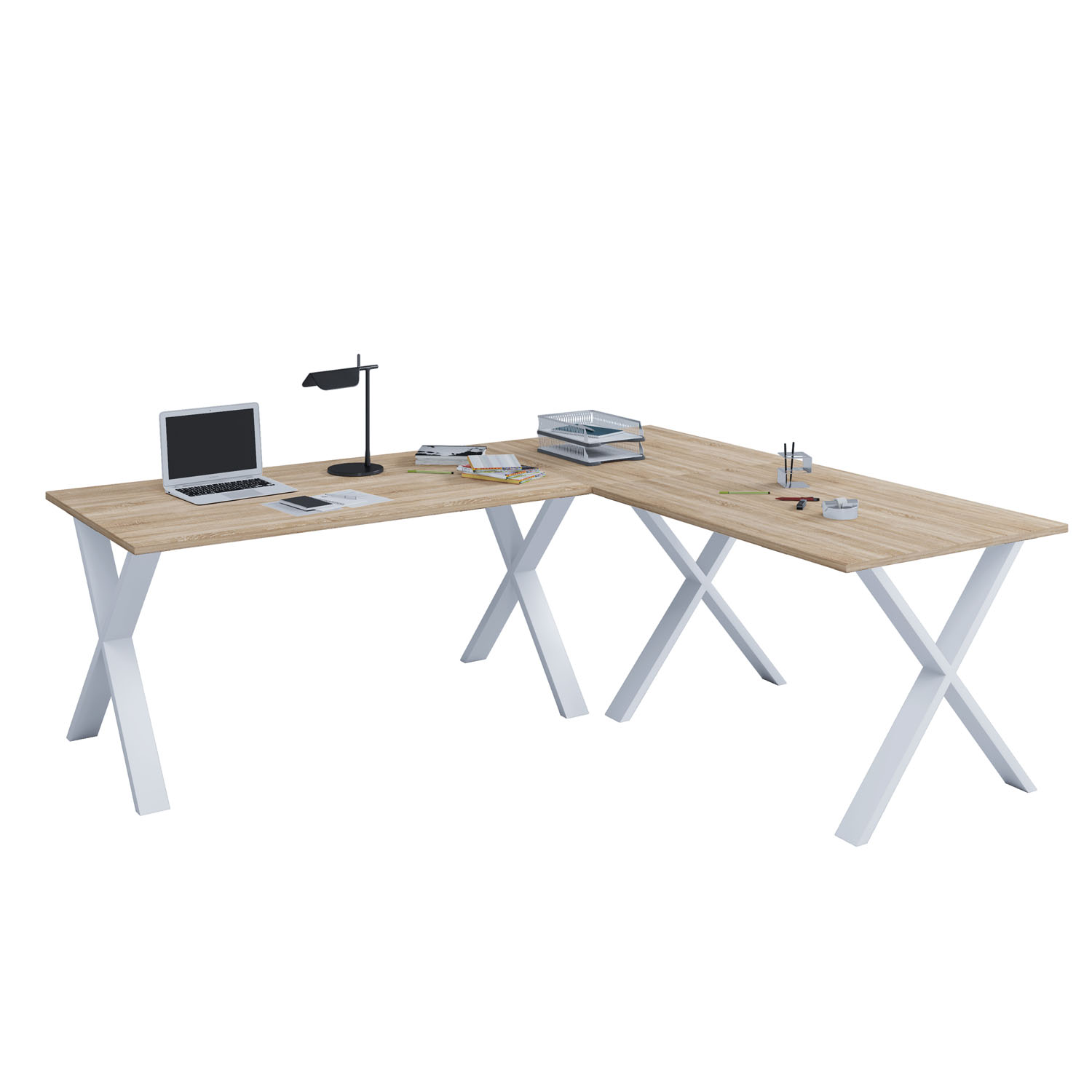 Boboonline Lona X-Feet Hjørneskrivebord - Natur Træ Og Hvid Metal (190X190X50) Kontor