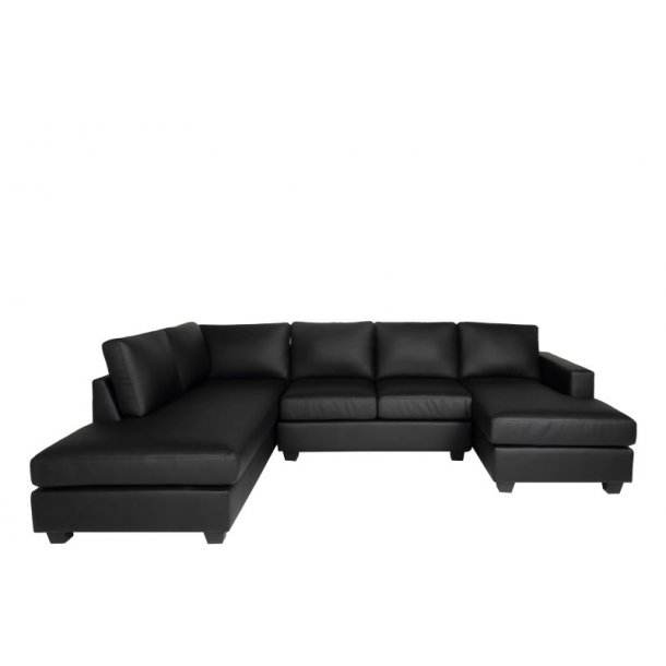 Sort sofa i bonded læder med chaiselong. Hjørnesofa læder