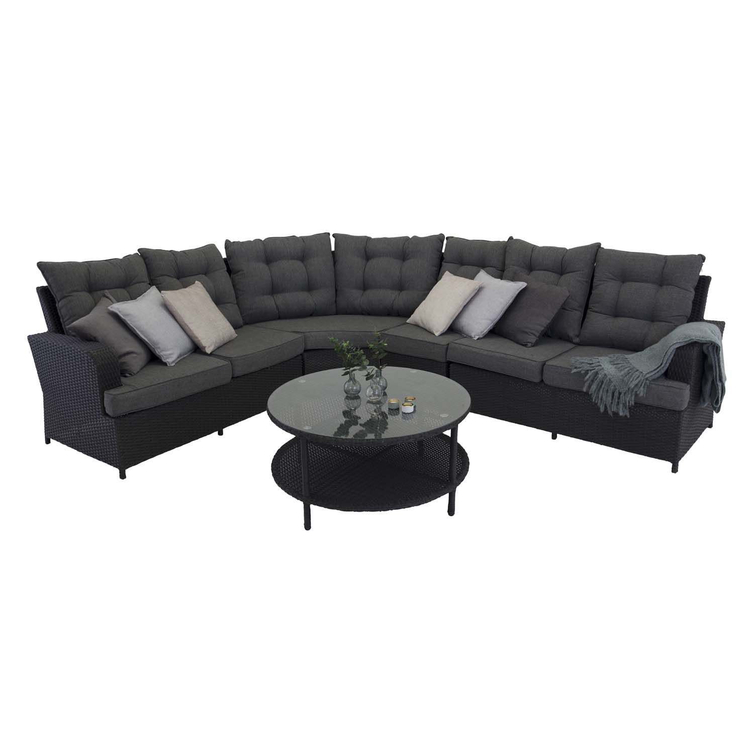 Venture Design Valencia Hjørne Havesofa M. Grå Hynder - Sort Rattan Og Aluminium