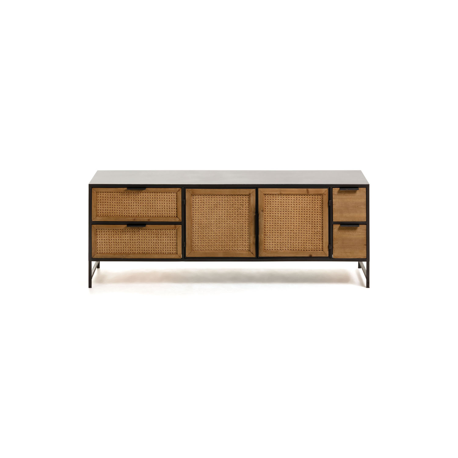 Laforma Rektangulær Kyoko Tv-Bord M. 2 Låger Og 4 Skuffer - Natur Træ Og Sort Metal (150X40)