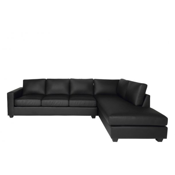 Sort sofa i bonded læder med chaiselong. Hjørnesofa læder