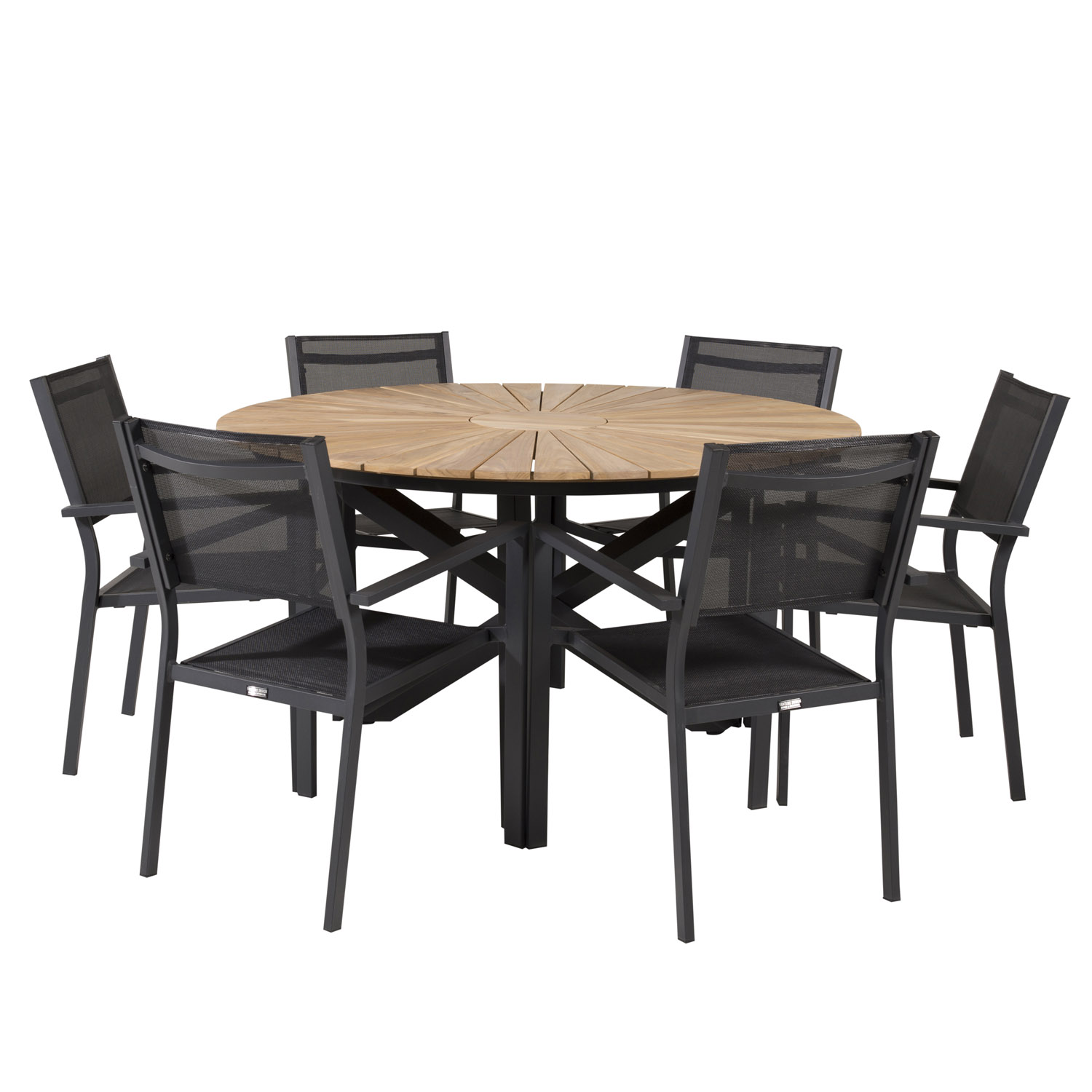 Venture Design Havesæt M. Rundt Mexico Bord Og 6 Copacabana Stole M. Armlæn - Teak/Sort Textilene Havemøbler