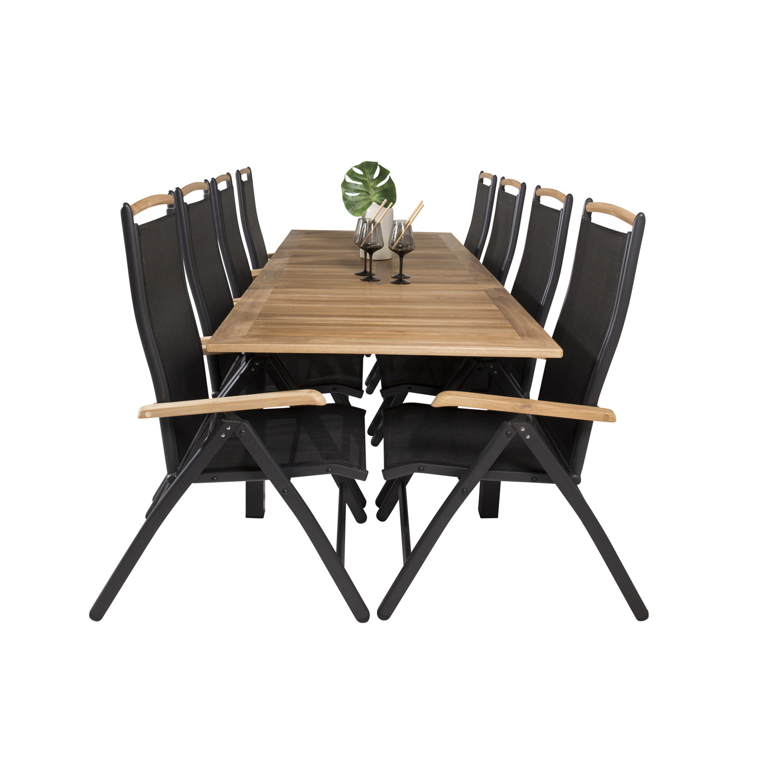 Venture Design Panama Havesæt M. Bord M. Udtræk Og 8 Stole M. Recliner - Teak/Sort Textilene/Alu Havemøbler