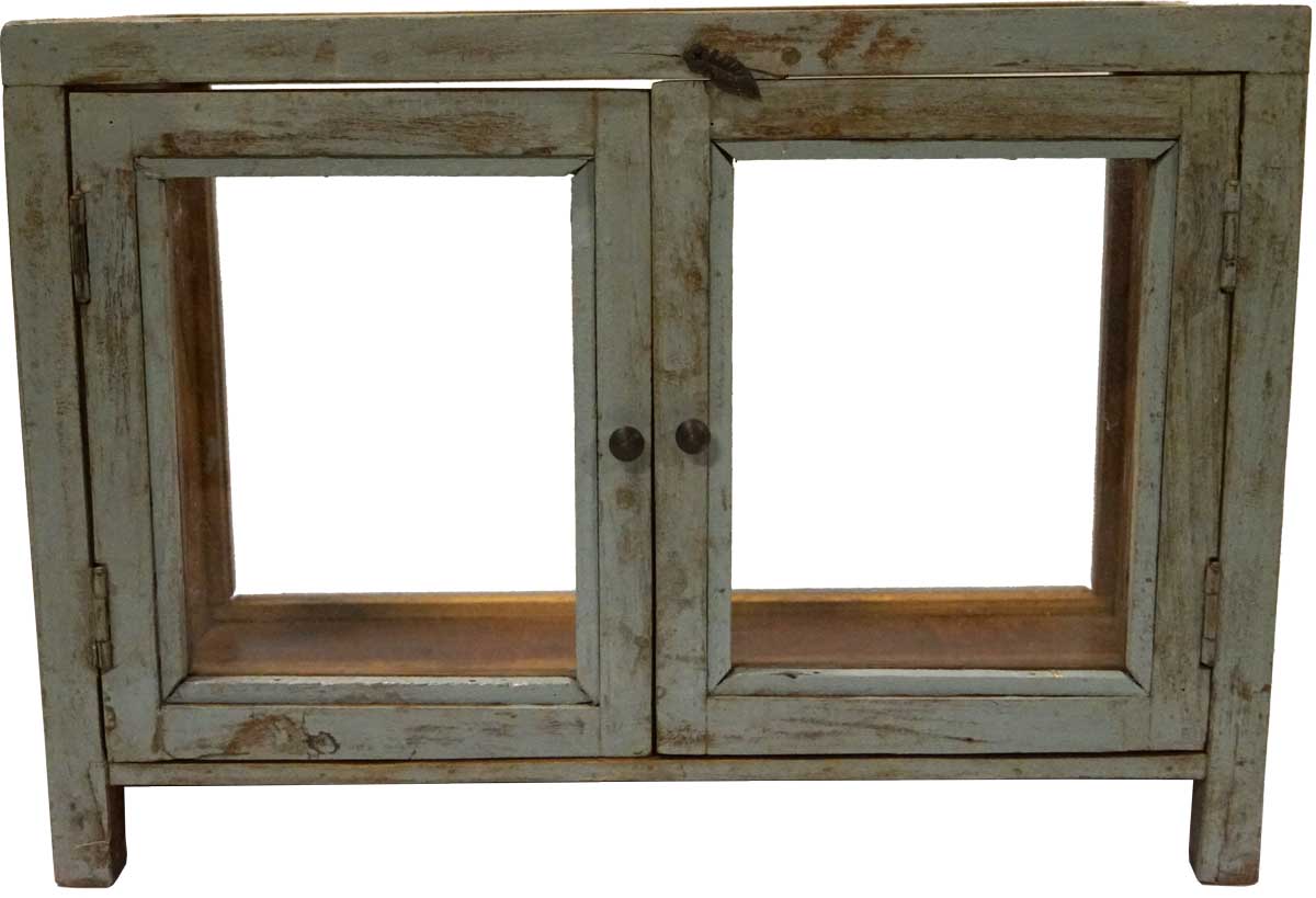 Trademark Living Glasmontre - Blå/Grå Træ M. Patina Og Glas, M. 2 Glaslåger Boligtilbehør