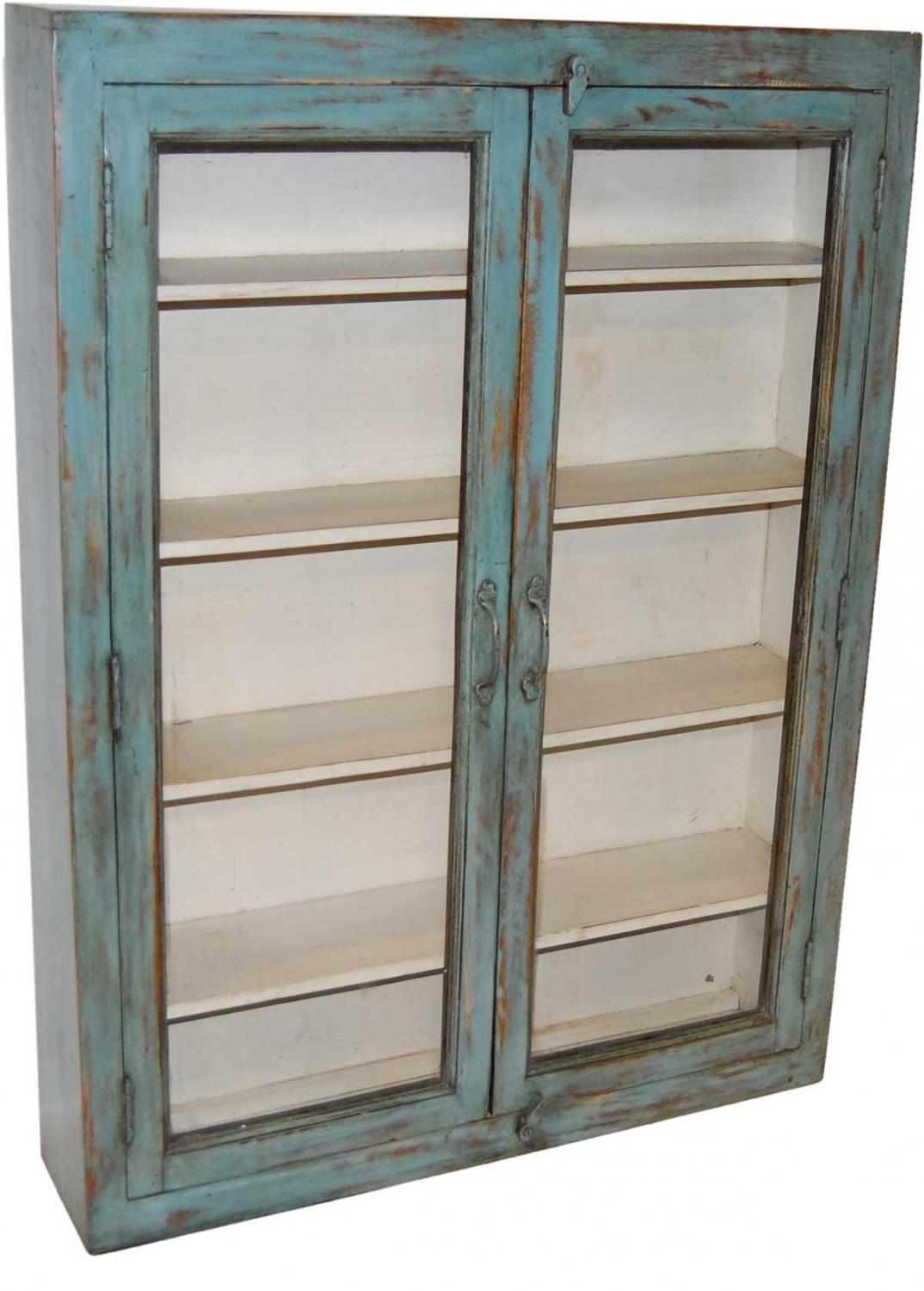 Trademark Living Vægskab - Blå/Grøn Genbrugstræ M. Patina, M. 2 Glaslåger Og 5 Hylder Spisestue